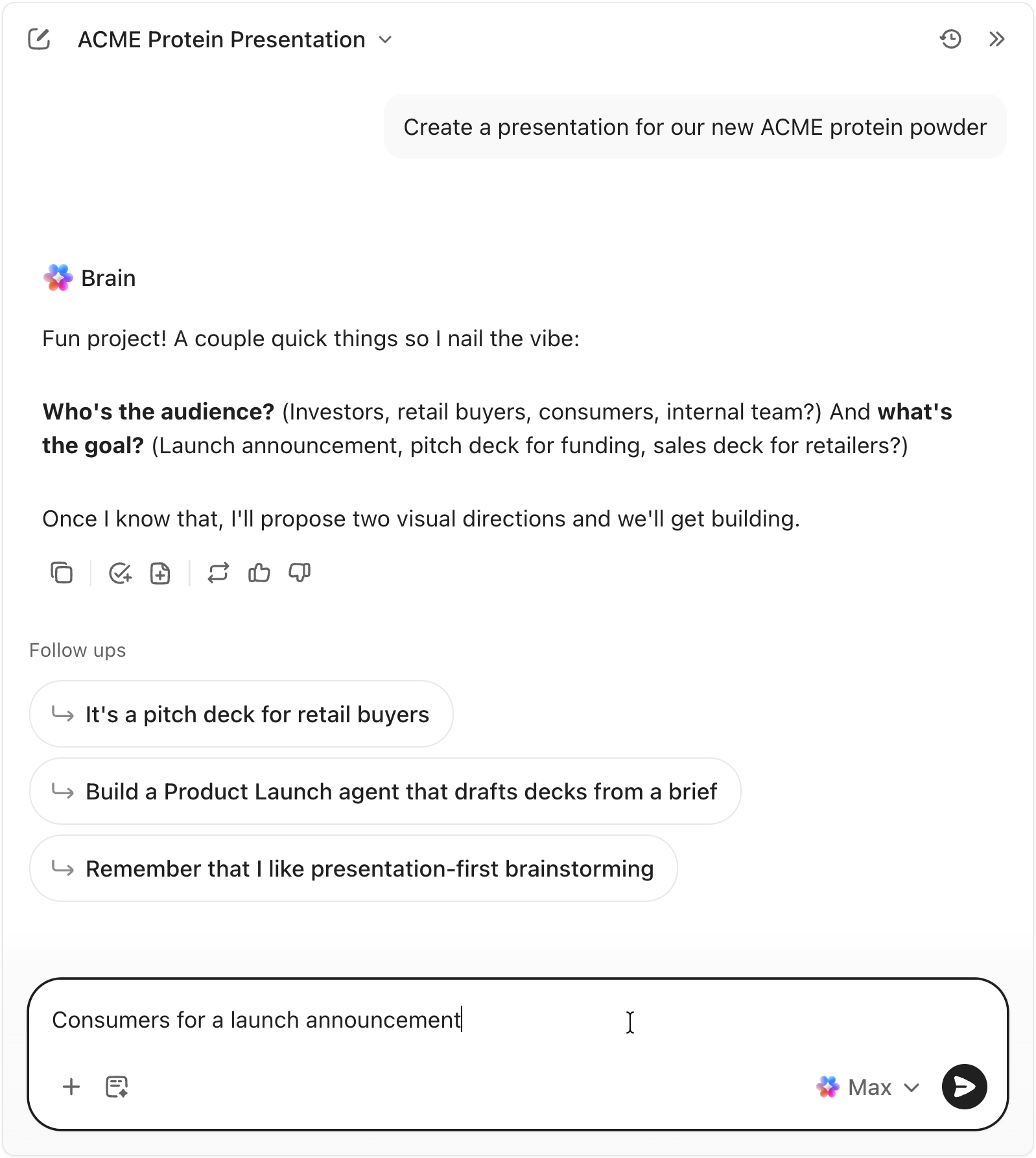 Screenshot of user chatting with Brain to create a slide presentation for a product launch for ACME protein powder.png