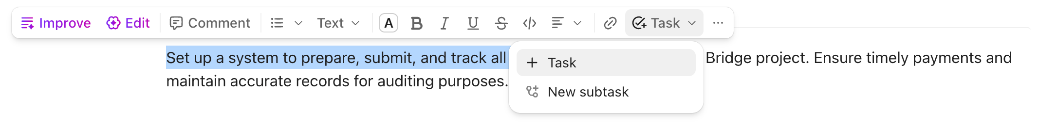 Screenshot of the option to create a task from the text toolbar.