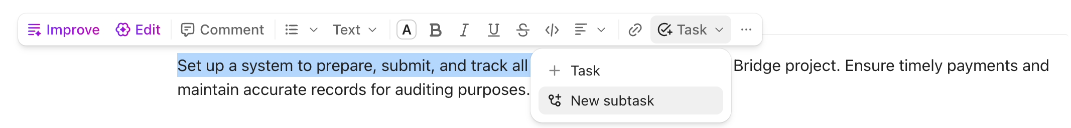 Screenshot of the text toolbar from a task description.
