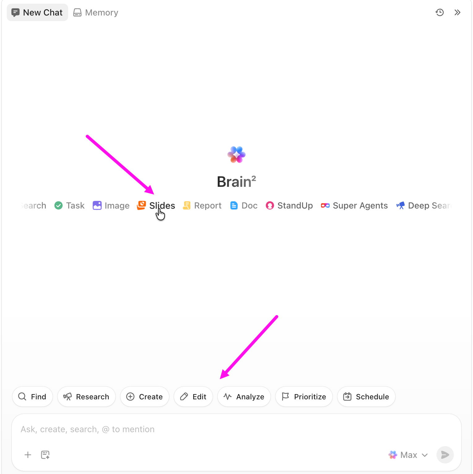 Screenshot showing Brain suggestions in the center carousel and the pills at the bottom.png