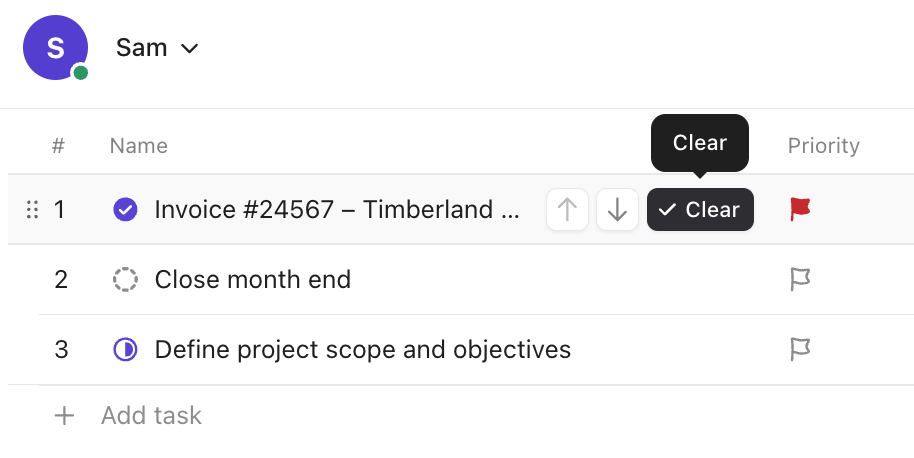 Screenshot of the option to clear a task from Personal Priorities.