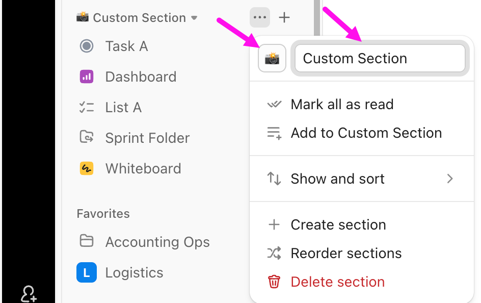 Screenshot showing how to change the name or emoji of a custom section in the Home Sidebar.png