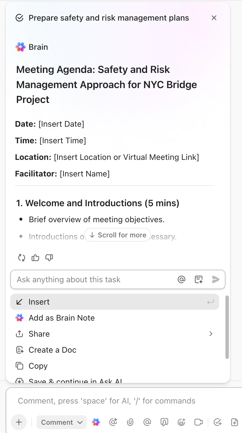 Screenshot of the options available from Brain's reply.