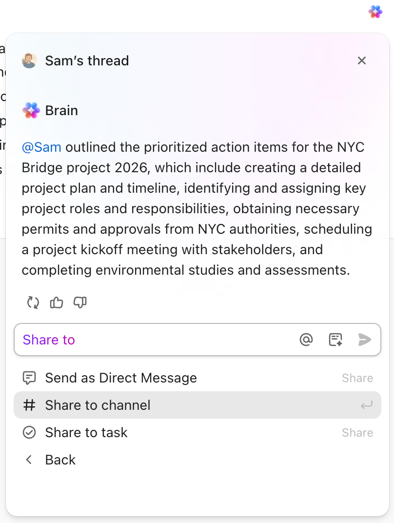 Screenshot of the sharing options for Brain's response.