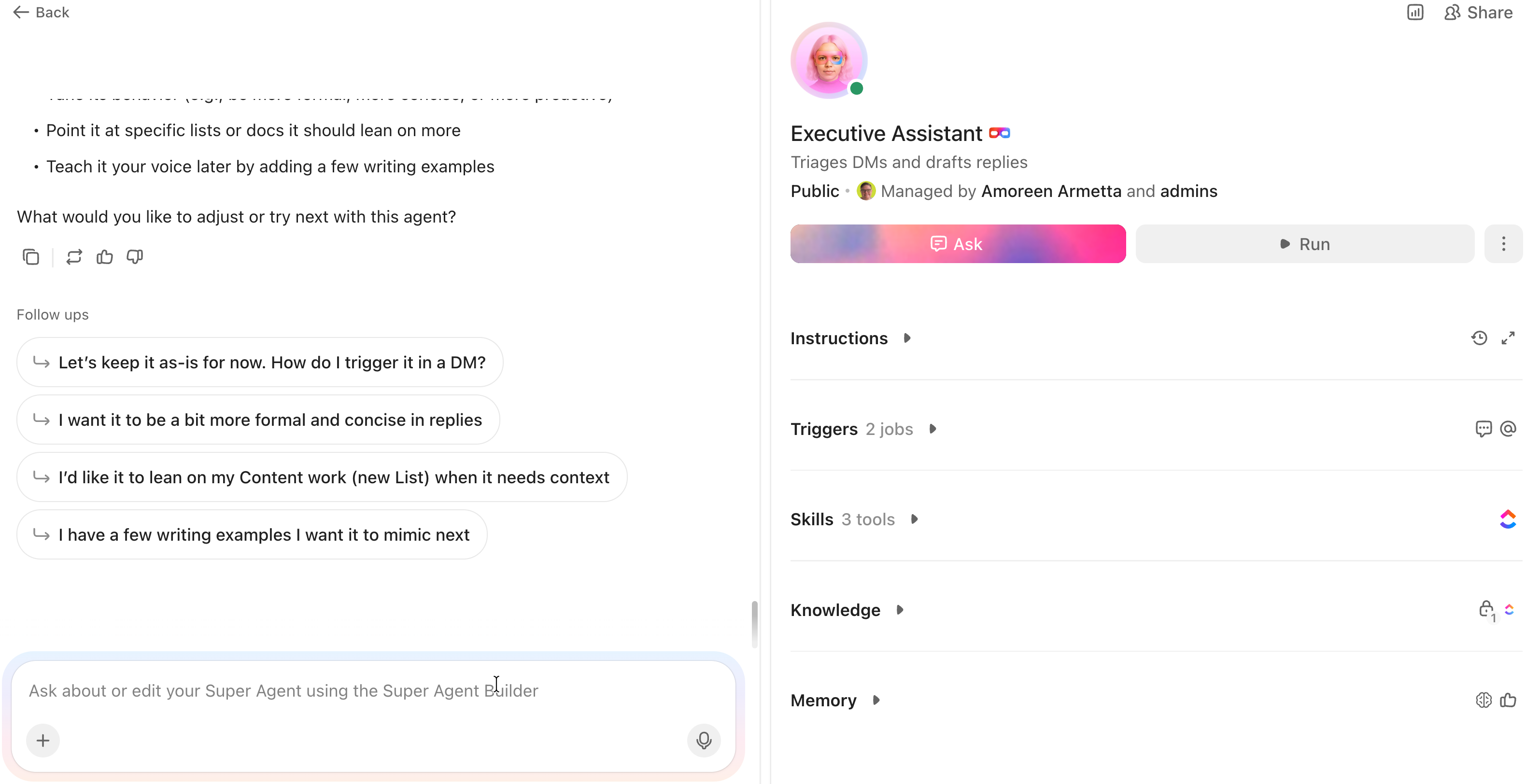 Screenshot of the Super Agent Builder and the Super Agent's profile.png