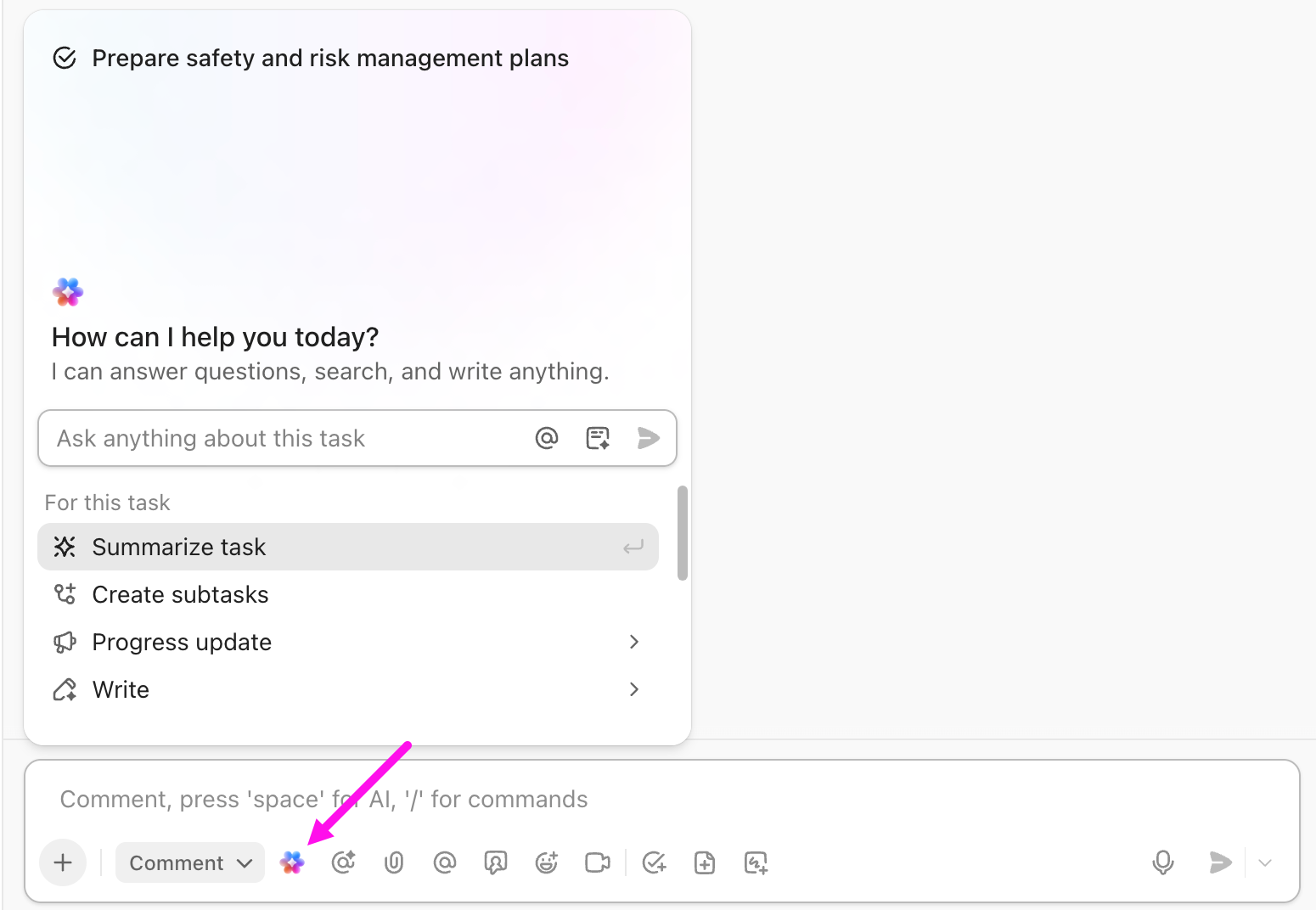 Screenshot of the option to use Brain in a task comment.
