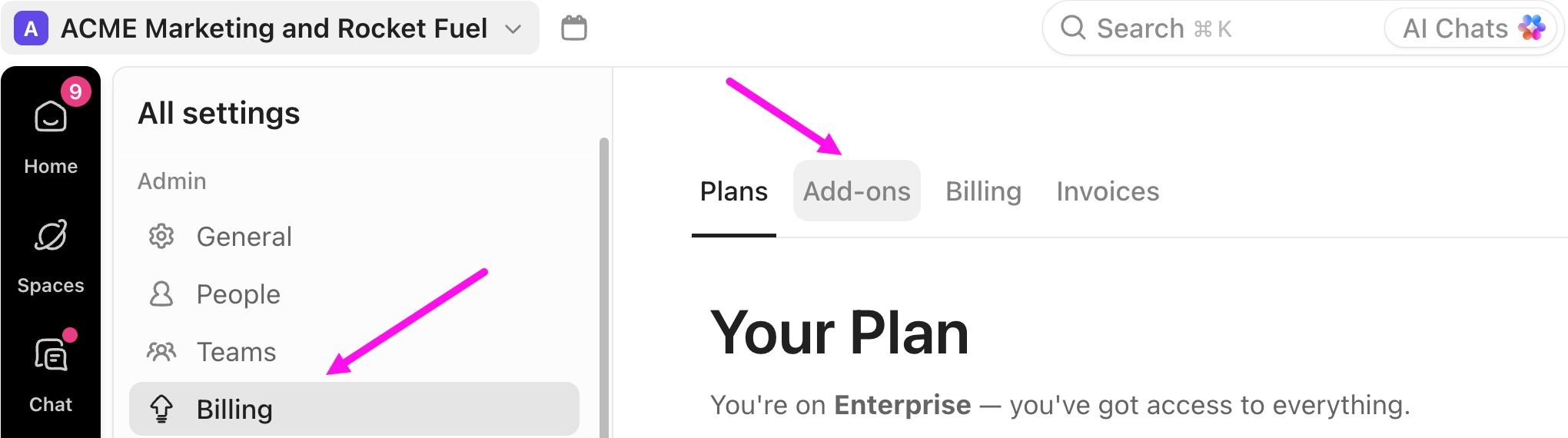 Screenshot of the Billing tab in the All Spaces sidebar and the Add-ons tab above the billing page.png