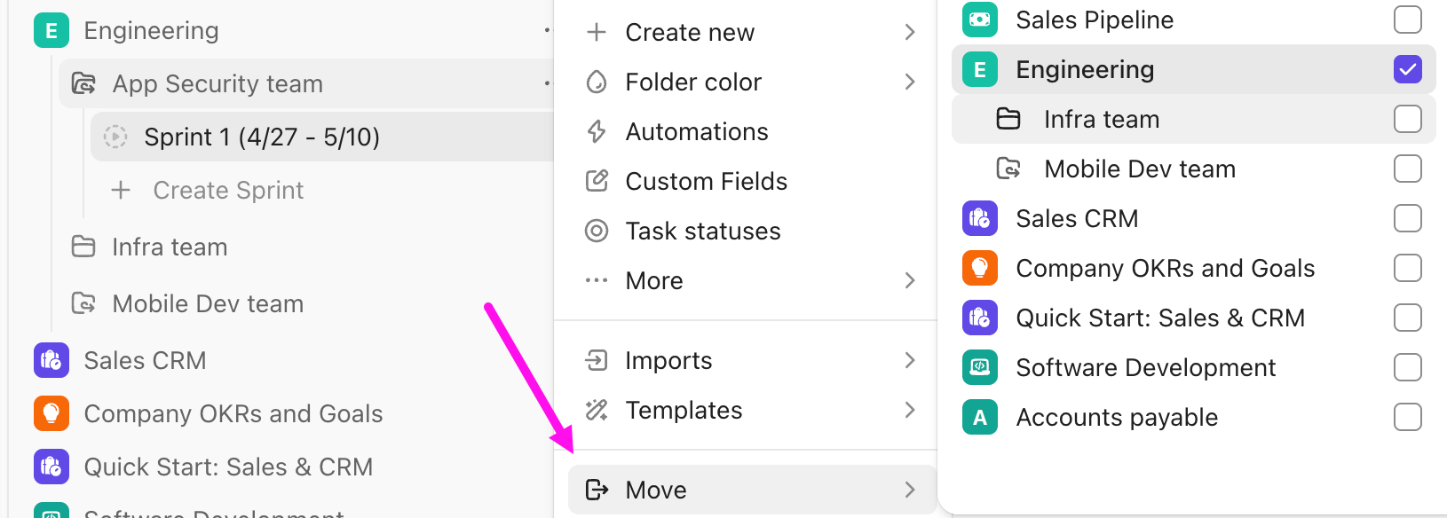 Screenshot of the option to a Sprint Folder.