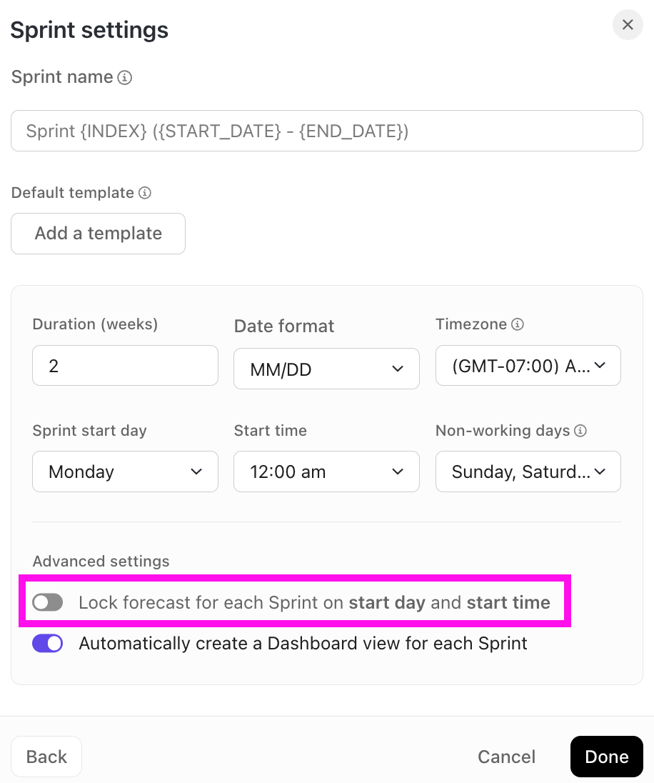 Screenshot of the sprint folder settings modal, highlighting the option to lock sprint forecast.
