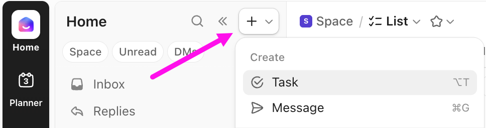 Screenshot of the create task option from the Home Sidebar.