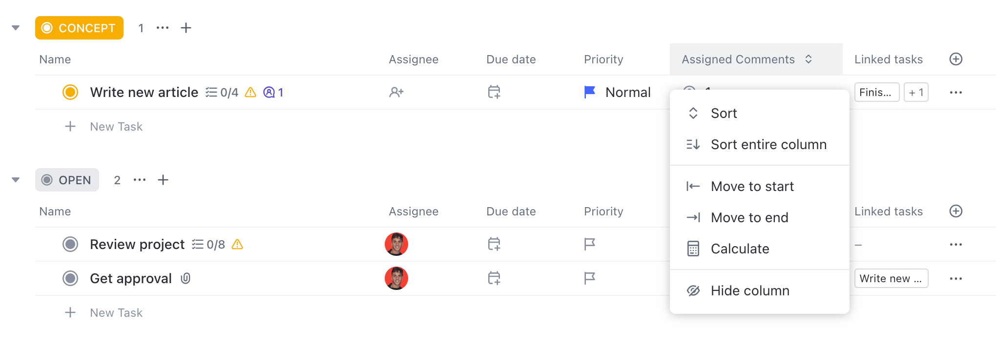 Image of the sort order menu in List view