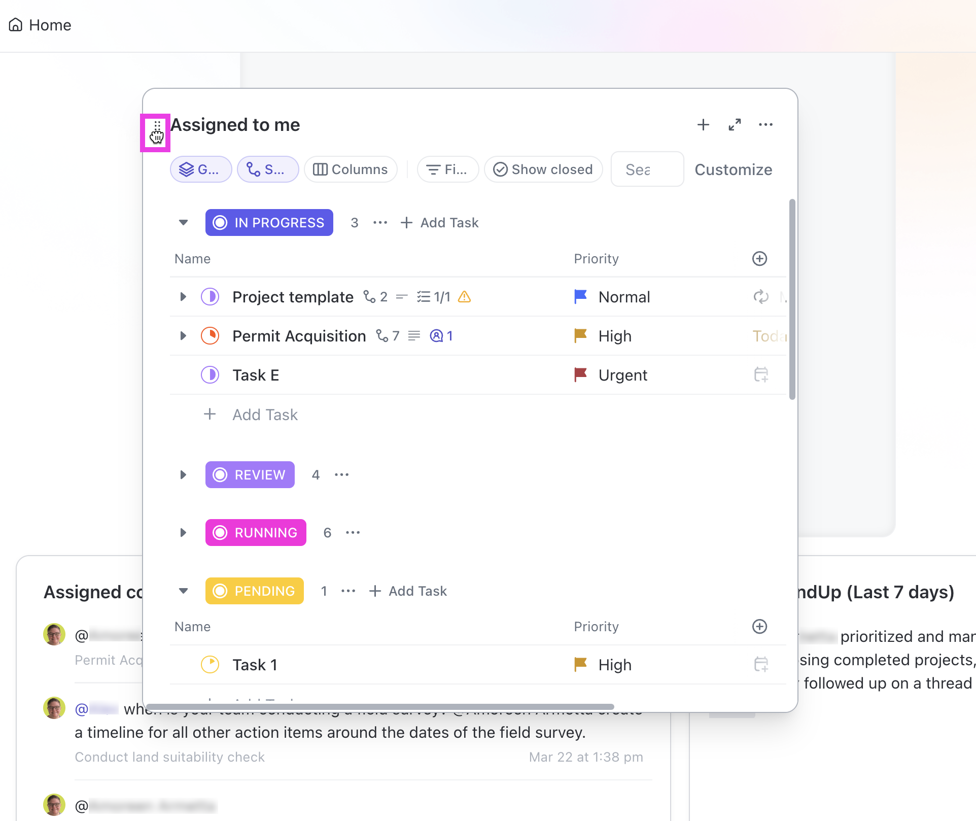Screenshot of a task being dragged from Personal List to Calendar layout in the Agenda card.