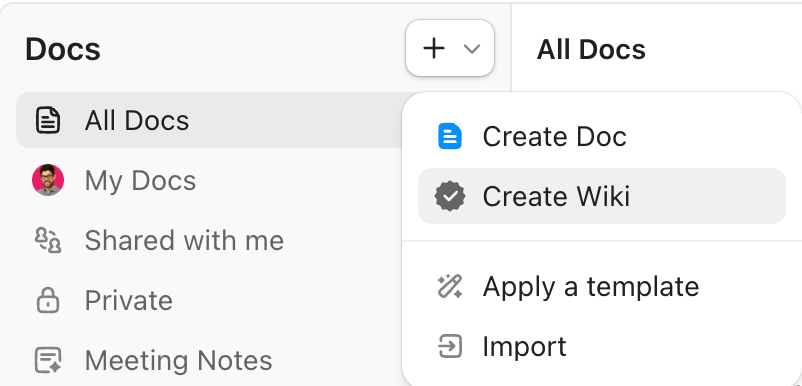 Screenshot of the option to create a Wiki from the Docs Hub sidebar.