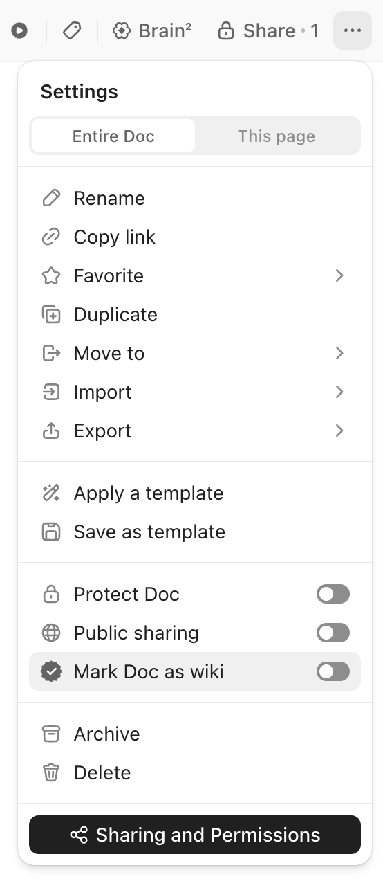 Screenshot of the option to mark a Doc as a wiki.