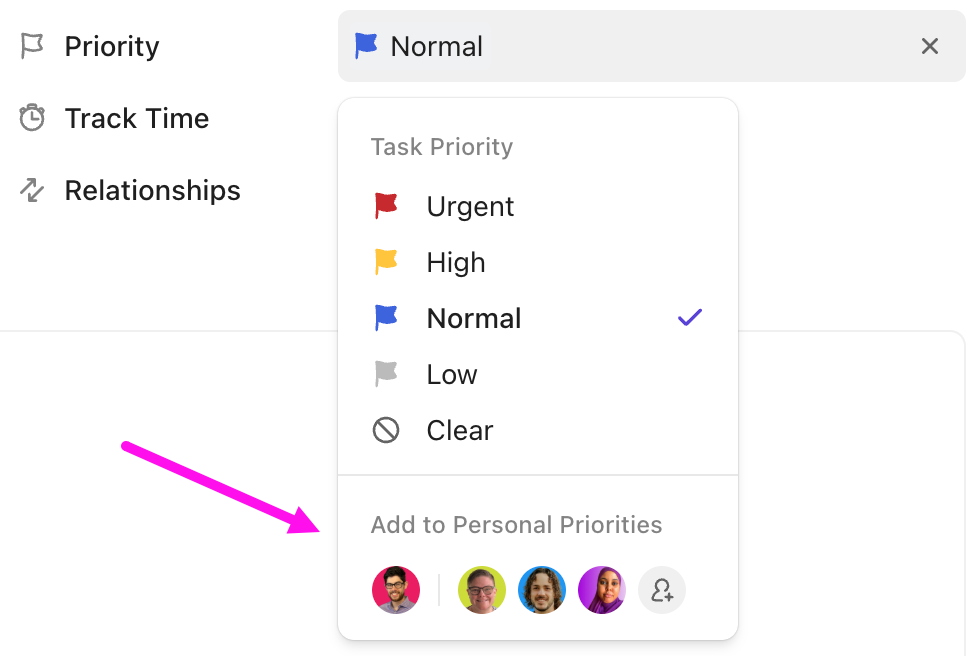 Screenshot of the option to view or clear a task from another person's priorities.
