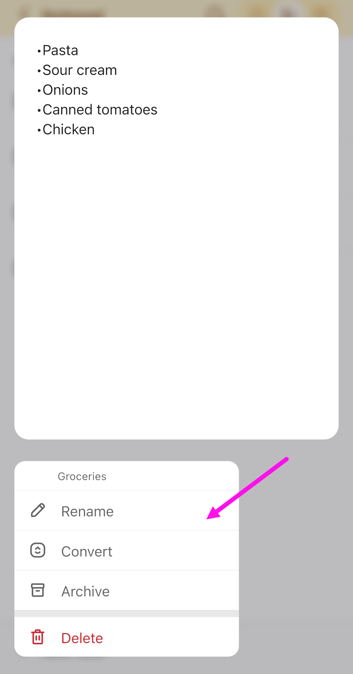 Captura de pantalla de las opciones disponibles al mantener pulsada una nota.