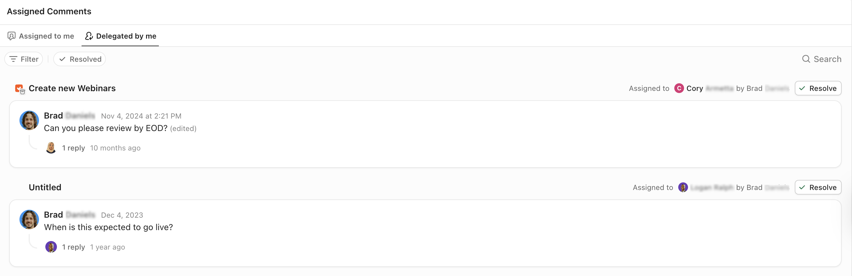 Screenshot des Tabs „Von mir delegiert