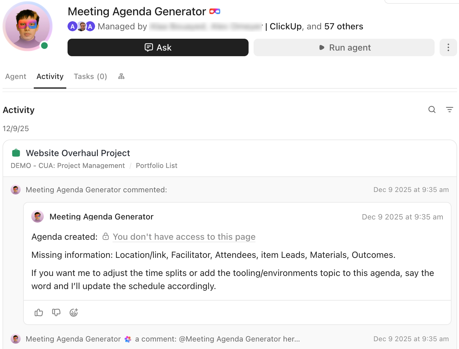 Capture d'écran de l'activité du Meeting Agenda Generator.
