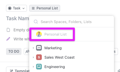 Capture d'écran de la liste personnelle dans la section Mes tâches de la barre latérale Accueil.