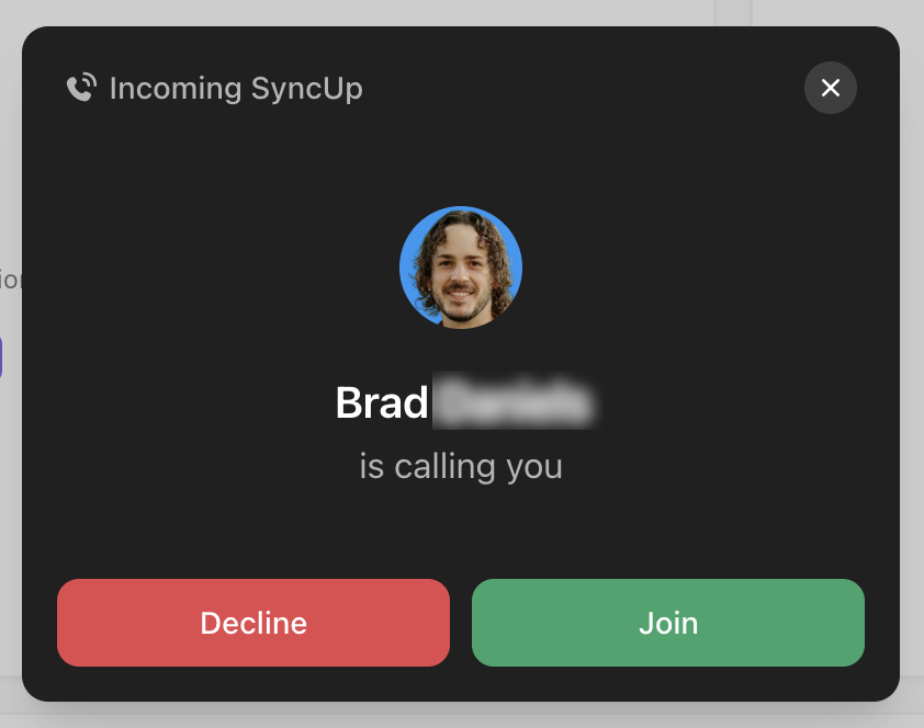 Capture d'écran du pop-up SyncUp