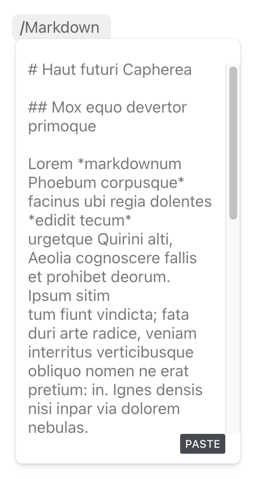 Screenshot der Option zum Einfügen von Markdown über den Slash-Befehl.
