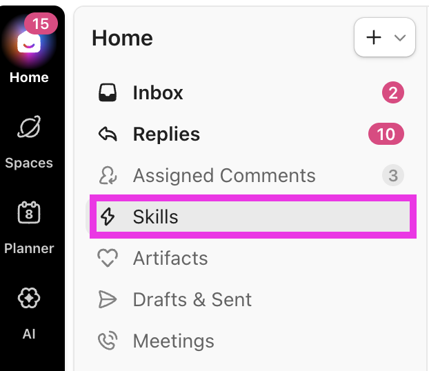 Screenshot of the skills button in the home sidebar