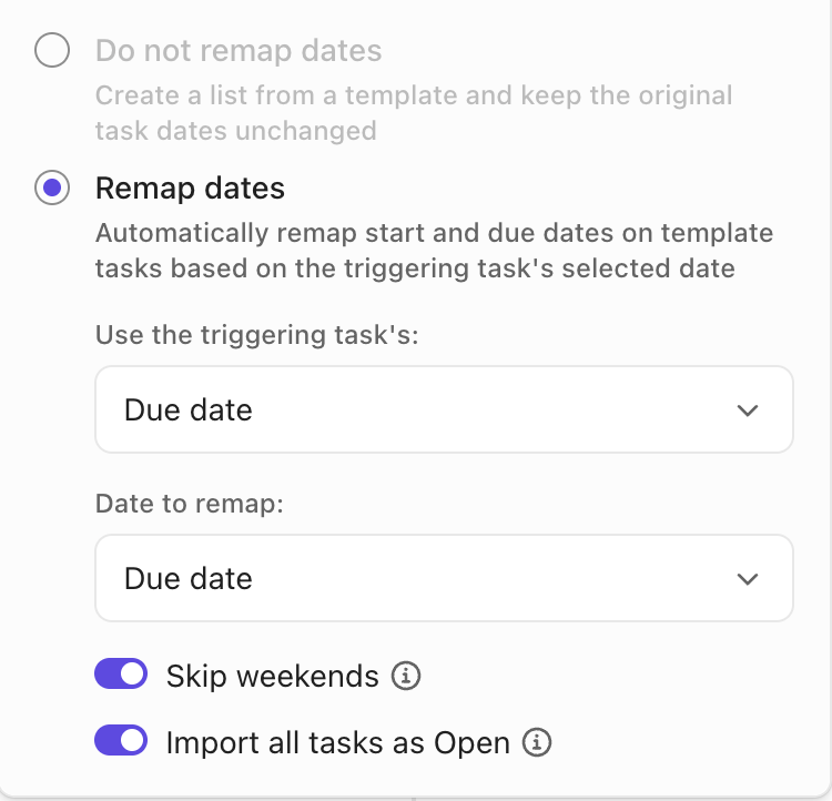 Captura de pantalla de las opciones de reasignación de fechas.