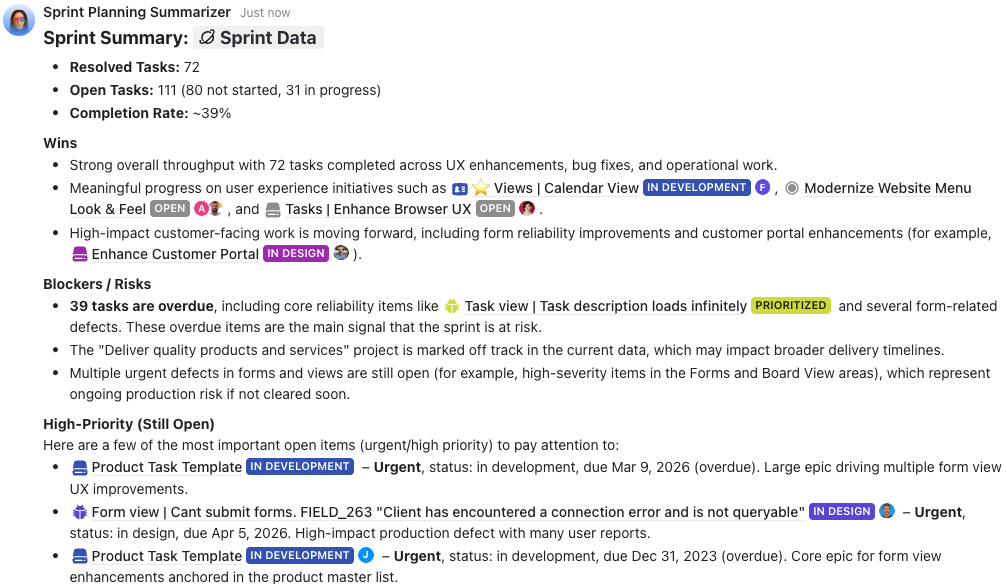 Captura de tela de um relatório do Sprint Planning Summarizer.