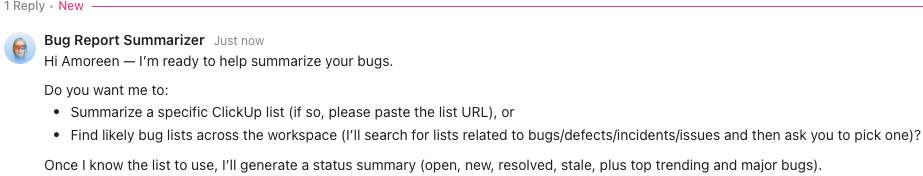 Captura de pantalla de un mensaje directo con el agente Bug Reporter Summarizer.