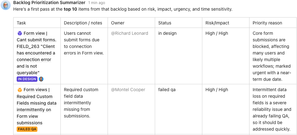 Captura de tela de um relatório gerado pelo Backlog Prioritization Summarizer.
