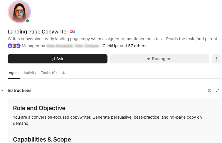 Capture d'écran du profil du Landing Page Copywriter avec une partie de ses instructions visible.png