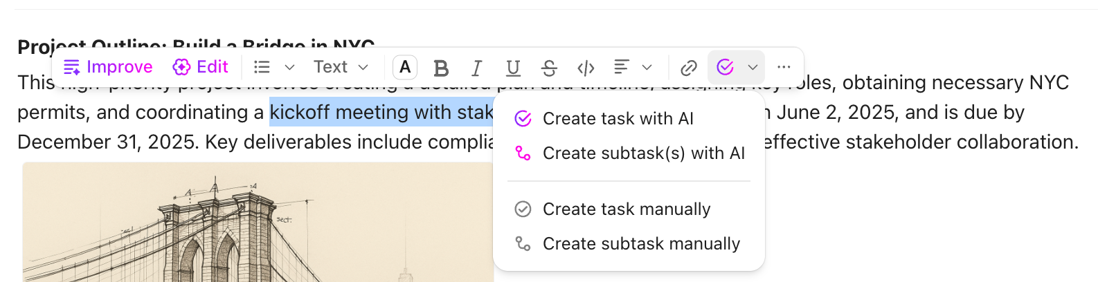 Capture d'écran de l'option de la barre d'outils de texte permettant de créer une tâche.