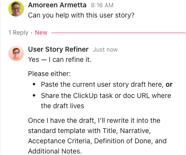 Captura de pantalla del User Story Refiner respondiendo a un mensaje directo.