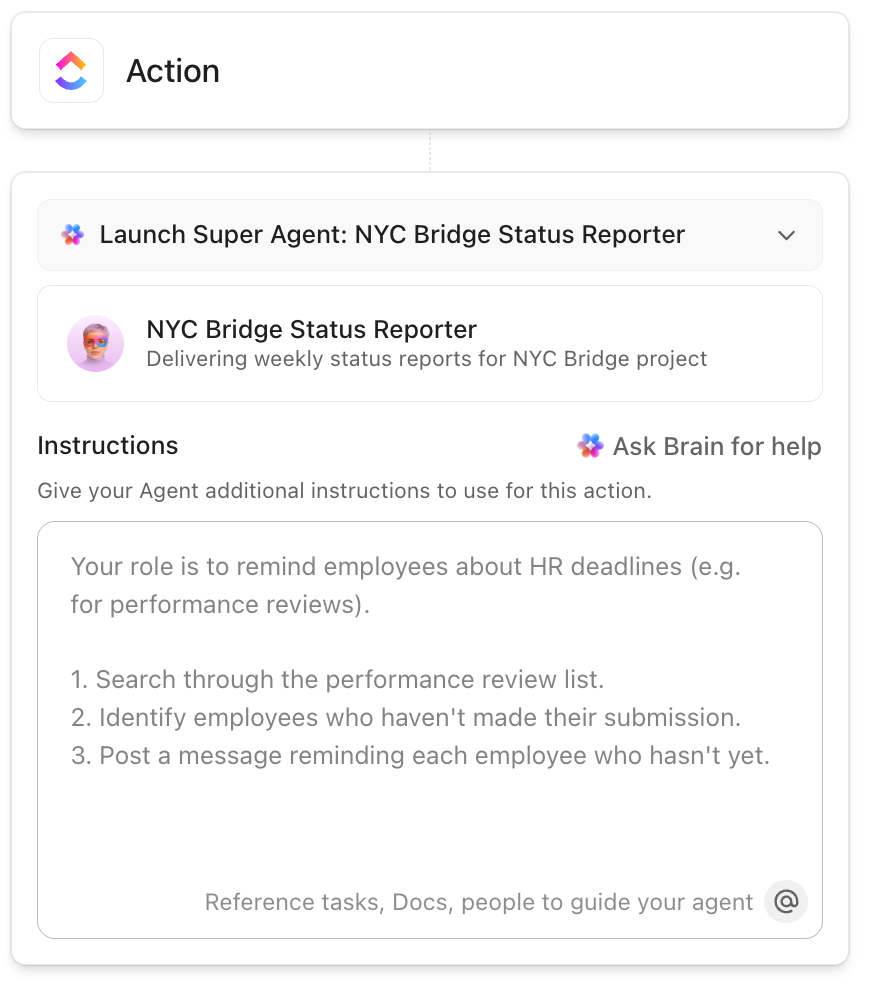 Captura de tela de um Super Agent acionado por uma ação de Automação.