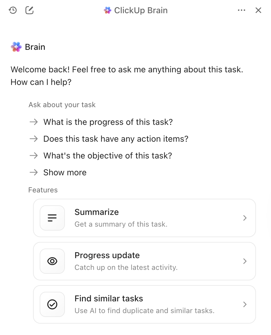 Captura de pantalla de las opciones Resumir, Actualización de progreso y Buscar tareas similares.