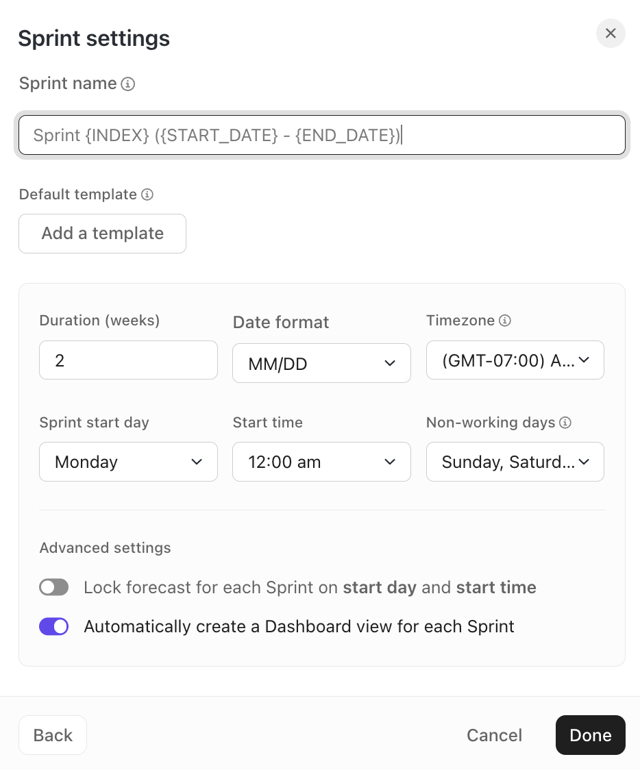 Captura de pantalla de los ajustes predeterminados para Carpetas de Sprint.