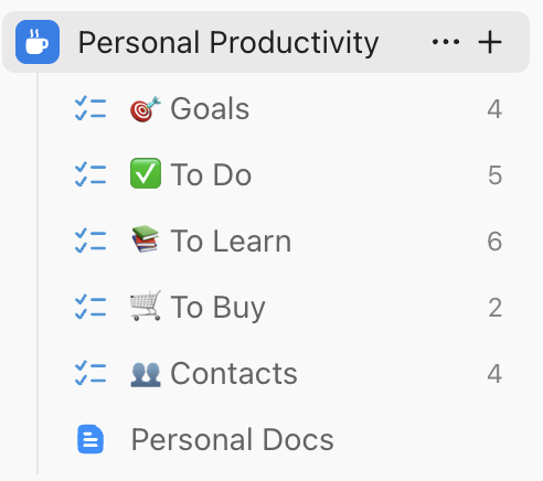 Screenshot di uno Spazio per la produttività personale.