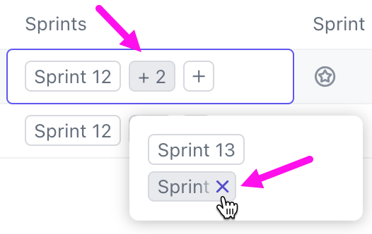Capture d'écran du clic sur x pour retirer la tâche d'un Sprint après avoir sélectionné le bouton avec l'icône plus et le numéro.