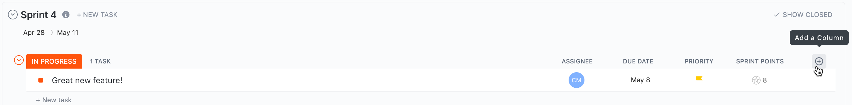 Captura de tela do ícone de mais usado para adicionar a coluna de Sprint a uma visualização de Lista ou Tabela.