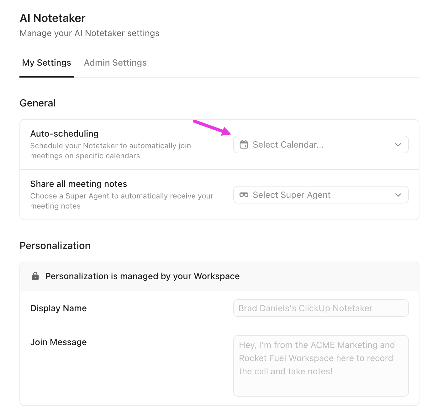 Screenshot of the AI Notetaker settings