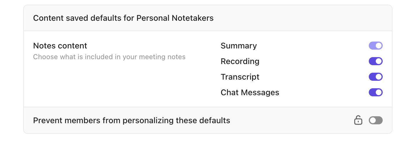 Screenshot of the content saved defaults for personal notetakers section