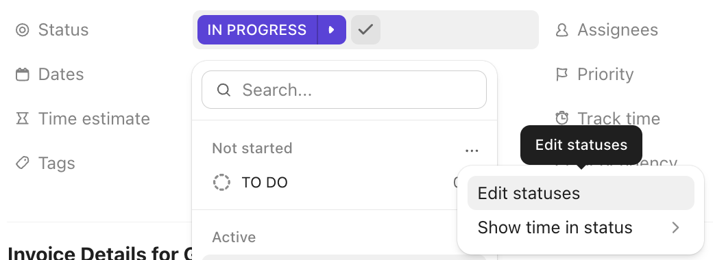 Captura de tela do menu de status em uma tarefa.