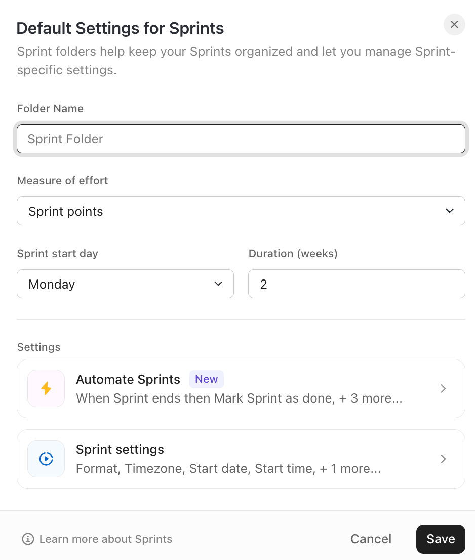 Screenshot delle impostazioni Sprint per una nuova Cartella Sprint.