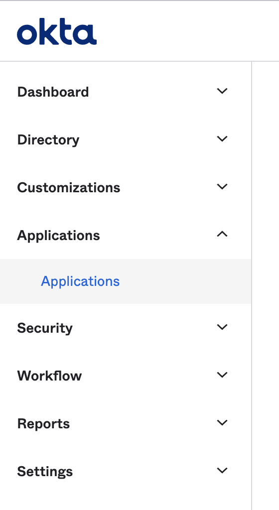 Captura de pantalla de las opciones de Aplicaciones en el Panel de administración de Okta.