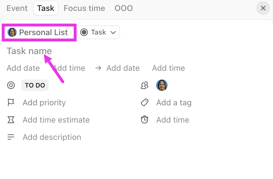 Captura de tela destacando a Lista e o nome de uma nova tarefa.png