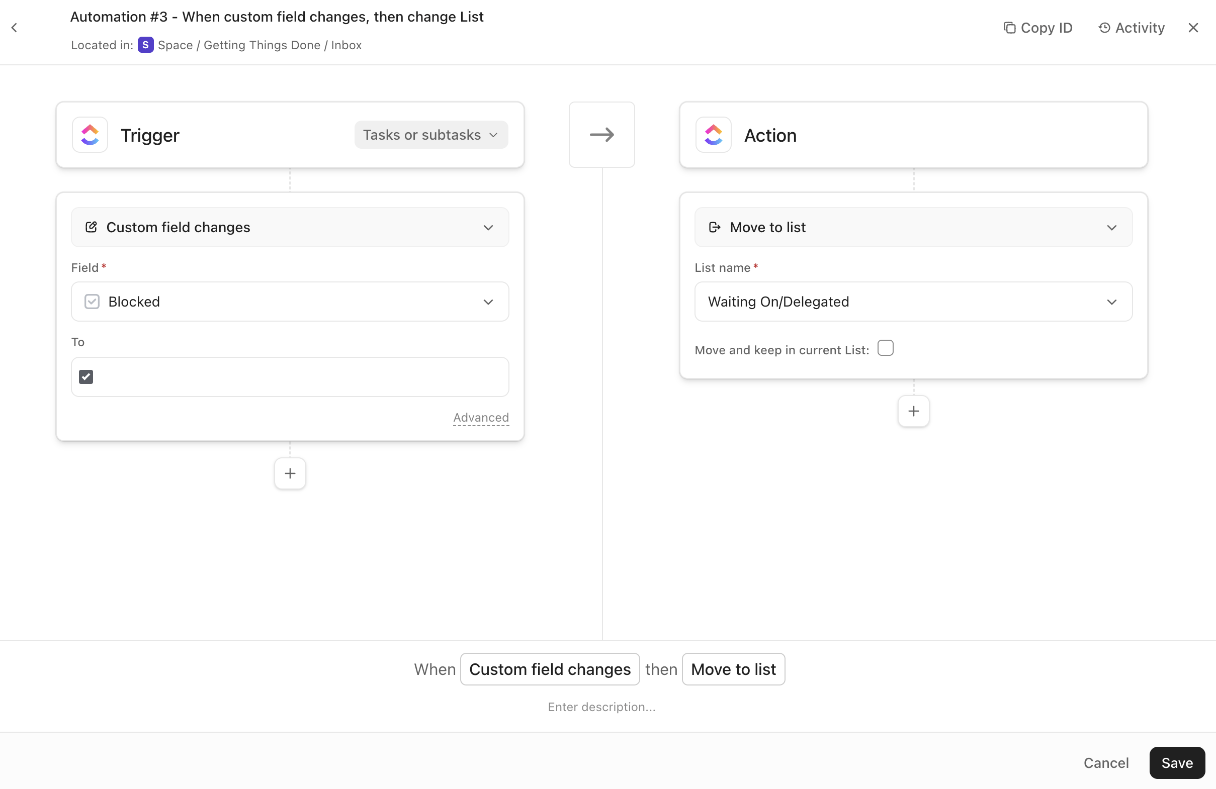 Screenshot di un'Automazione che sposta le attività quando viene selezionata una casella di controllo di un campo personalizzato.png