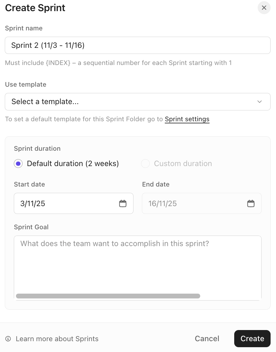 Capture d'écran des paramètres de sprint disponibles lors de la création d'un sprint.