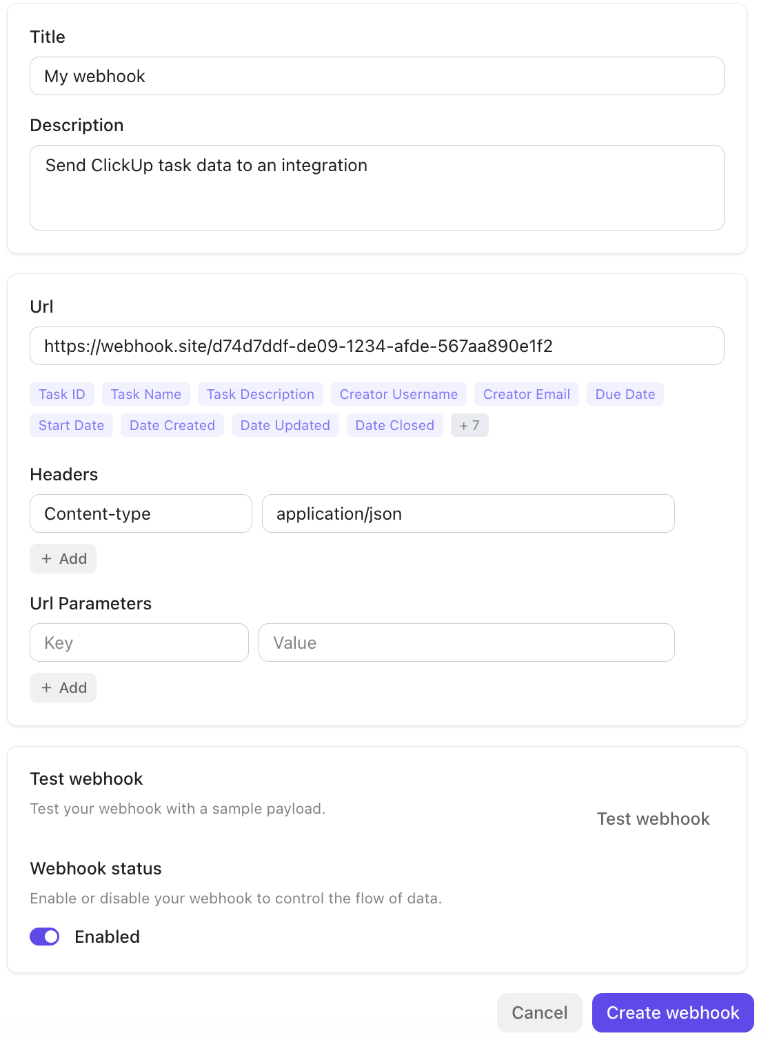 Captura de pantalla de un webhook.