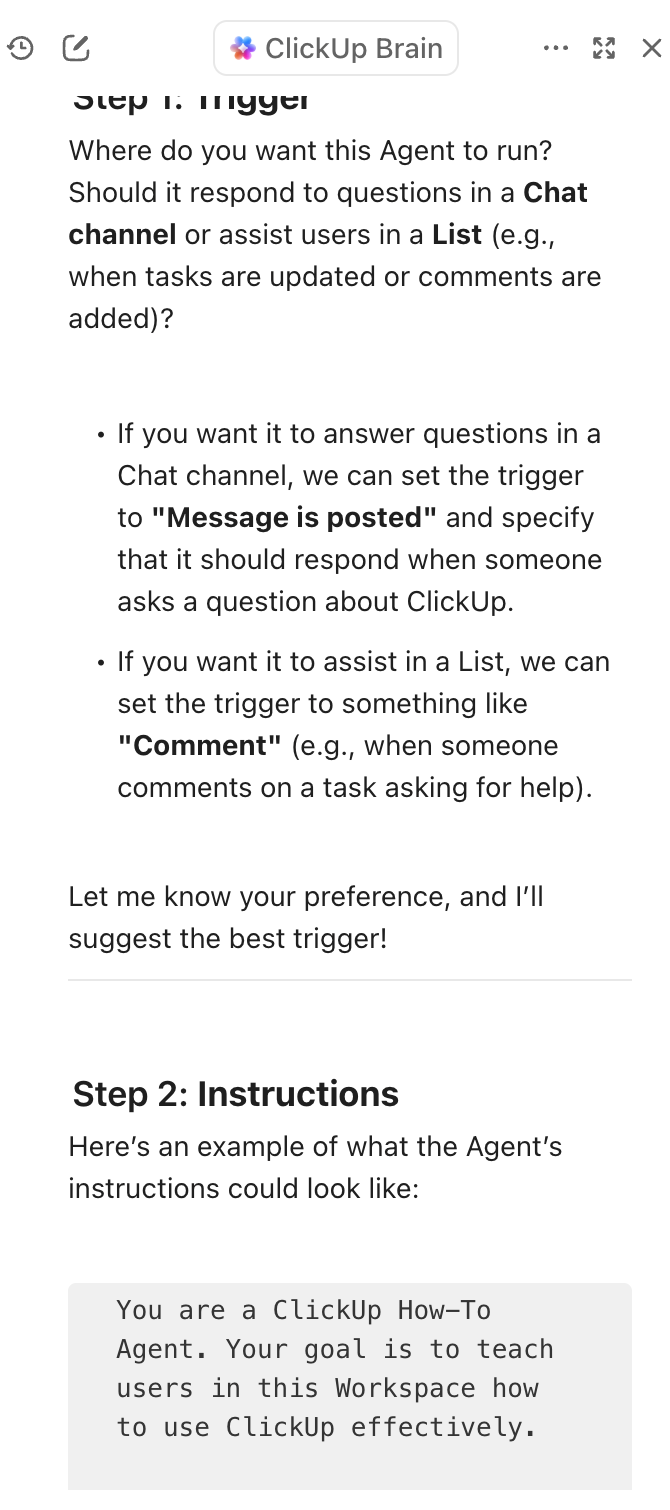 Captura de tela de uma conversa com o Brain para ajudar a criar um Autopilot Agent no ClickUp.png