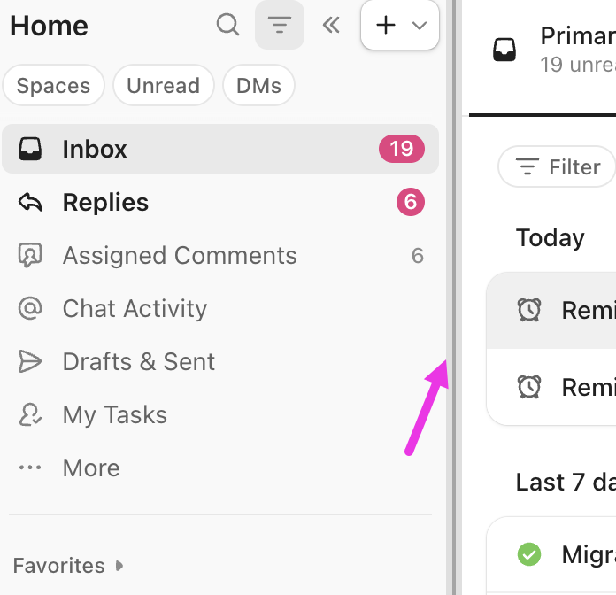 Screenshot del divisore della Home Sidebar evidenziato